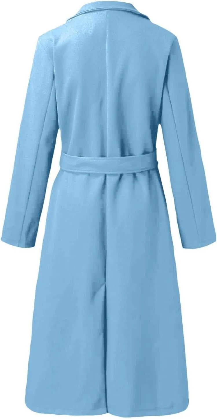 Long Trench Coats For Women Fashion Faux Wool Coat Blouse Thin Solid Jacket Ladies Notch Lapel Overcoat With Belt