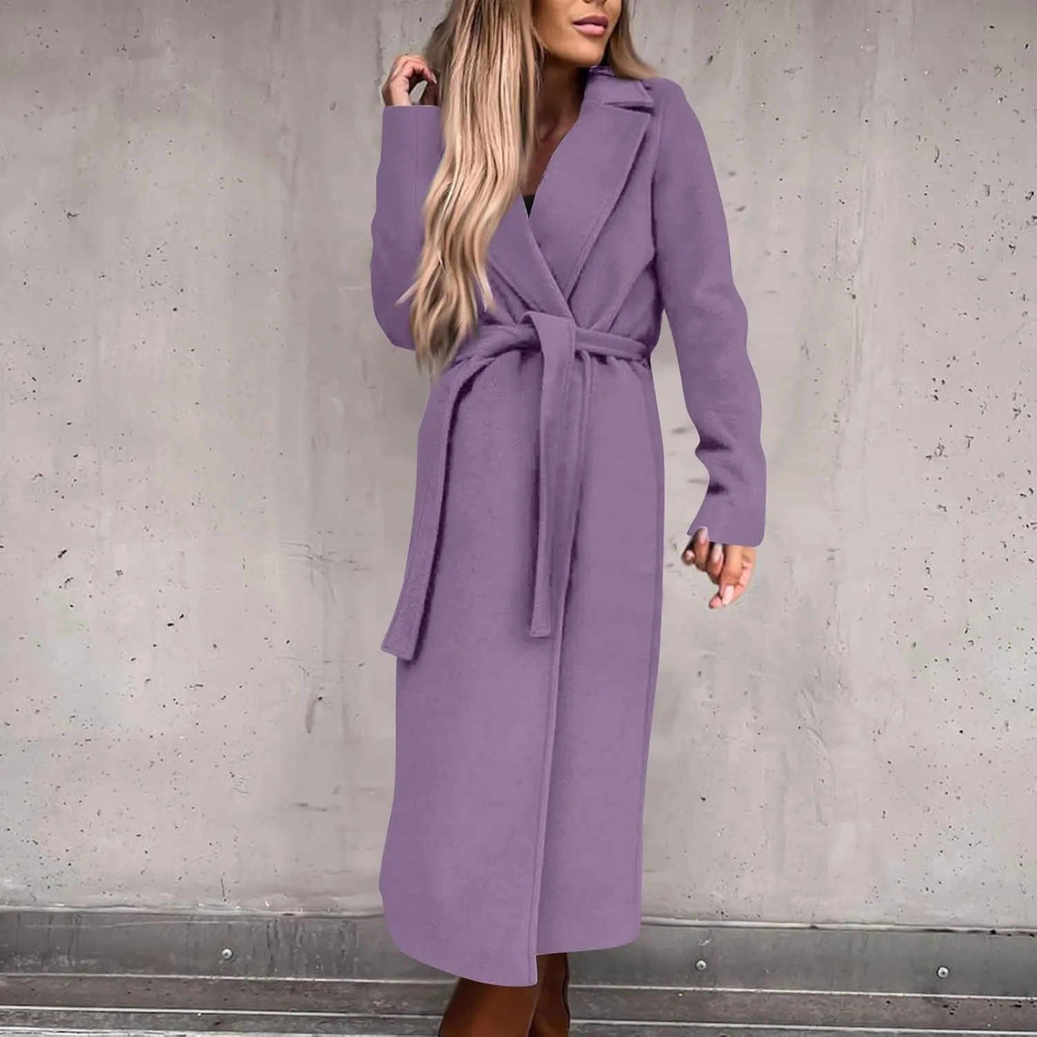 Long Trench Coats For Women Fashion Faux Wool Coat Blouse Thin Solid Jacket Ladies Notch Lapel Overcoat With Belt