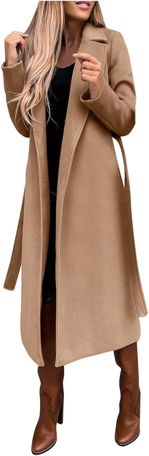 Long Trench Coats For Women Fashion Faux Wool Coat Blouse Thin Solid Jacket Ladies Notch Lapel Overcoat With Belt