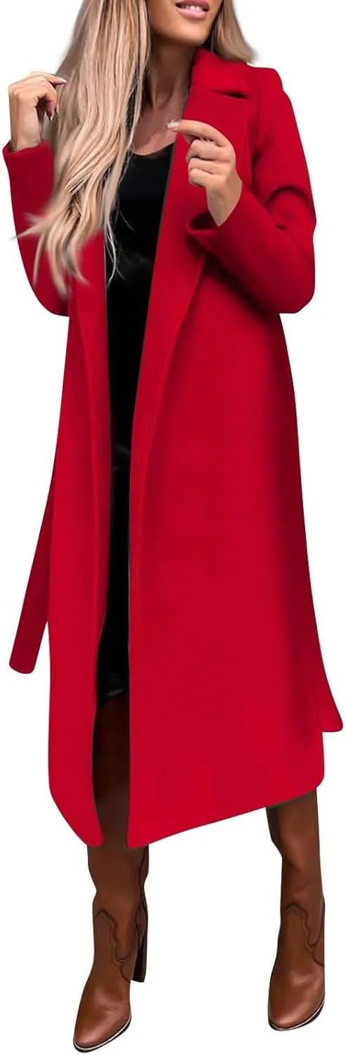 Long Trench Coats For Women Fashion Faux Wool Coat Blouse Thin Solid Jacket Ladies Notch Lapel Overcoat With Belt