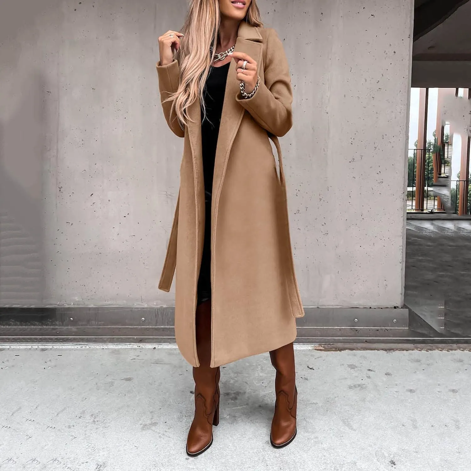 Long Trench Coats For Women Fashion Faux Wool Coat Blouse Thin Solid Jacket Ladies Notch Lapel Overcoat With Belt