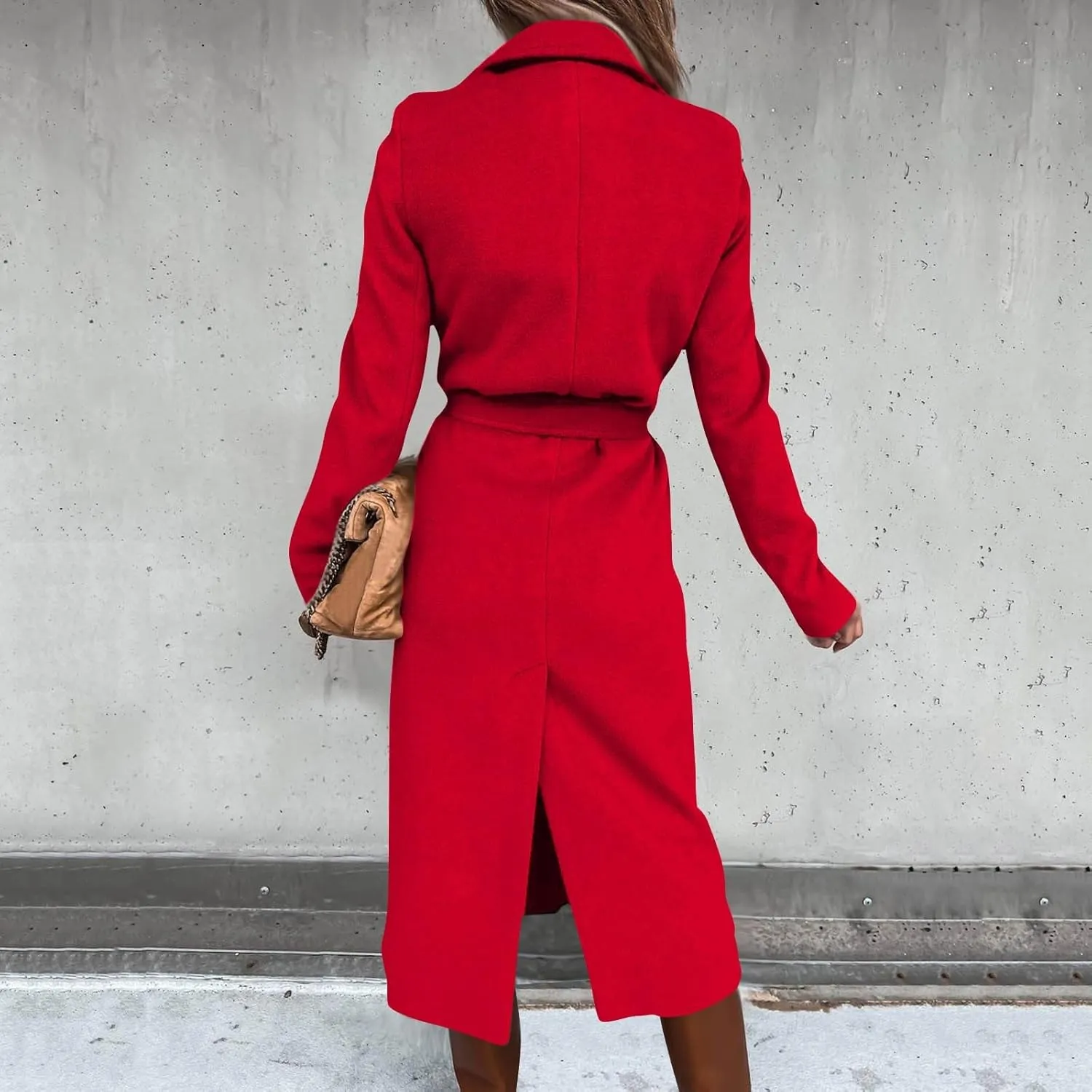Long Trench Coats For Women Fashion Faux Wool Coat Blouse Thin Solid Jacket Ladies Notch Lapel Overcoat With Belt