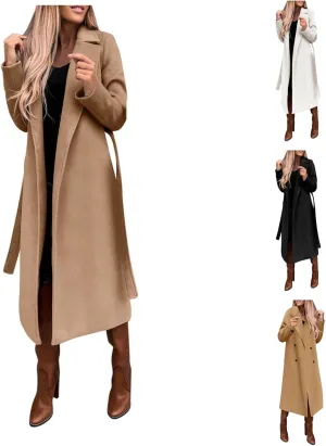 Long Trench Coats For Women Fashion Faux Wool Coat Blouse Thin Solid Jacket Ladies Notch Lapel Overcoat With Belt