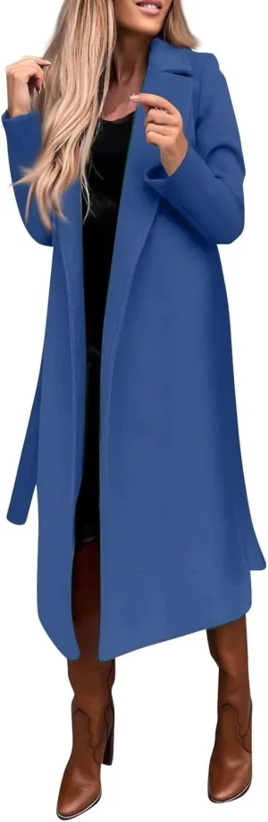Long Trench Coats For Women Fashion Faux Wool Coat Blouse Thin Solid Jacket Ladies Notch Lapel Overcoat With Belt