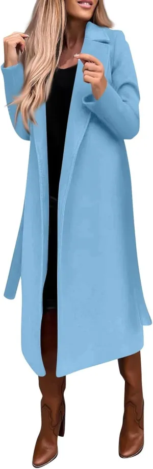 Long Trench Coats For Women Fashion Faux Wool Coat Blouse Thin Solid Jacket Ladies Notch Lapel Overcoat With Belt