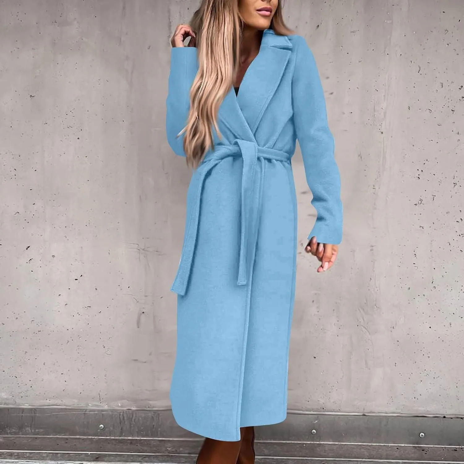 Long Trench Coats For Women Fashion Faux Wool Coat Blouse Thin Solid Jacket Ladies Notch Lapel Overcoat With Belt