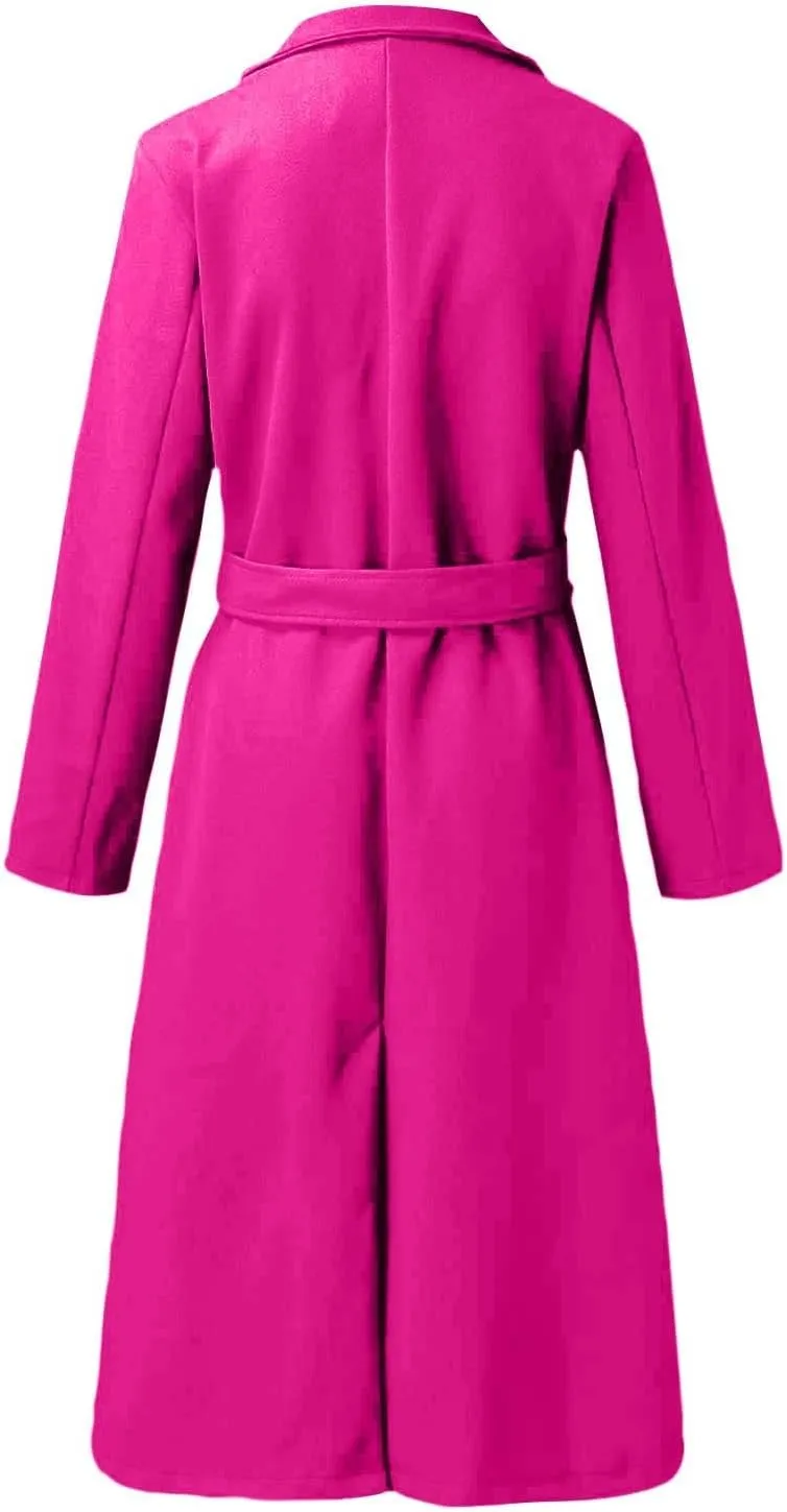 Long Trench Coats For Women Fashion Faux Wool Coat Blouse Thin Solid Jacket Ladies Notch Lapel Overcoat With Belt