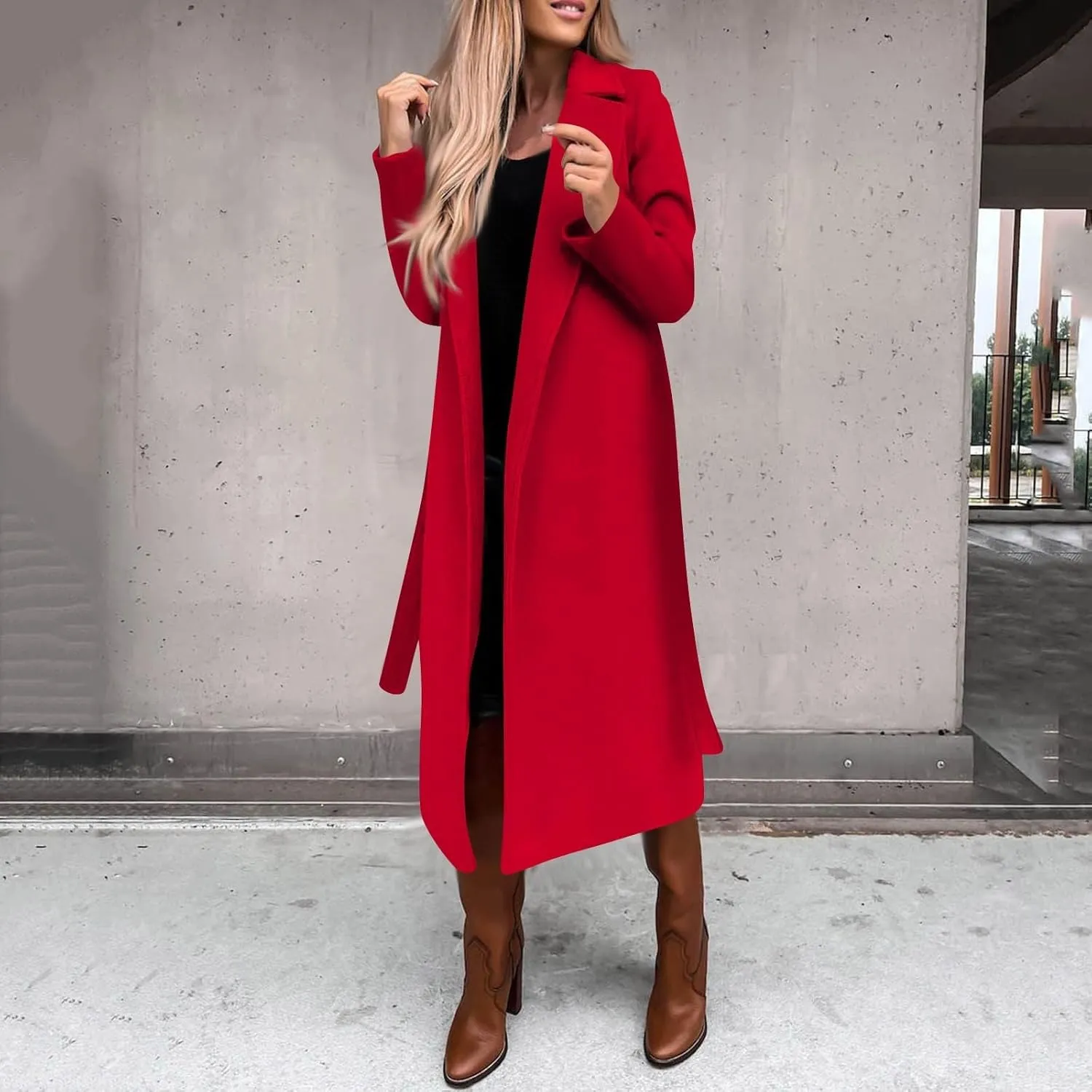 Long Trench Coats For Women Fashion Faux Wool Coat Blouse Thin Solid Jacket Ladies Notch Lapel Overcoat With Belt