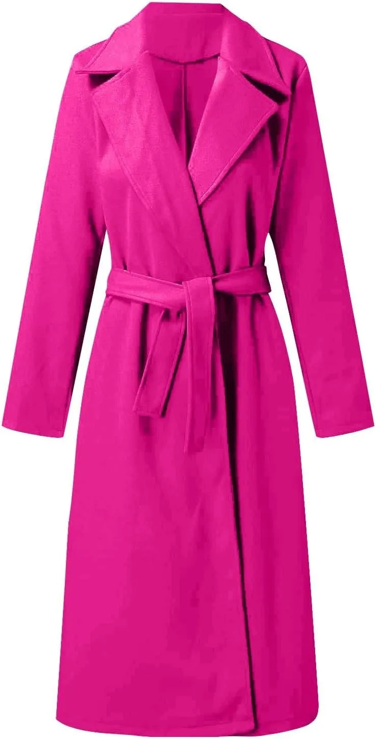 Long Trench Coats For Women Fashion Faux Wool Coat Blouse Thin Solid Jacket Ladies Notch Lapel Overcoat With Belt