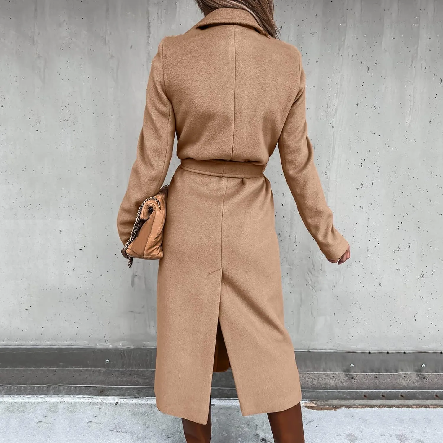 Long Trench Coats For Women Fashion Faux Wool Coat Blouse Thin Solid Jacket Ladies Notch Lapel Overcoat With Belt