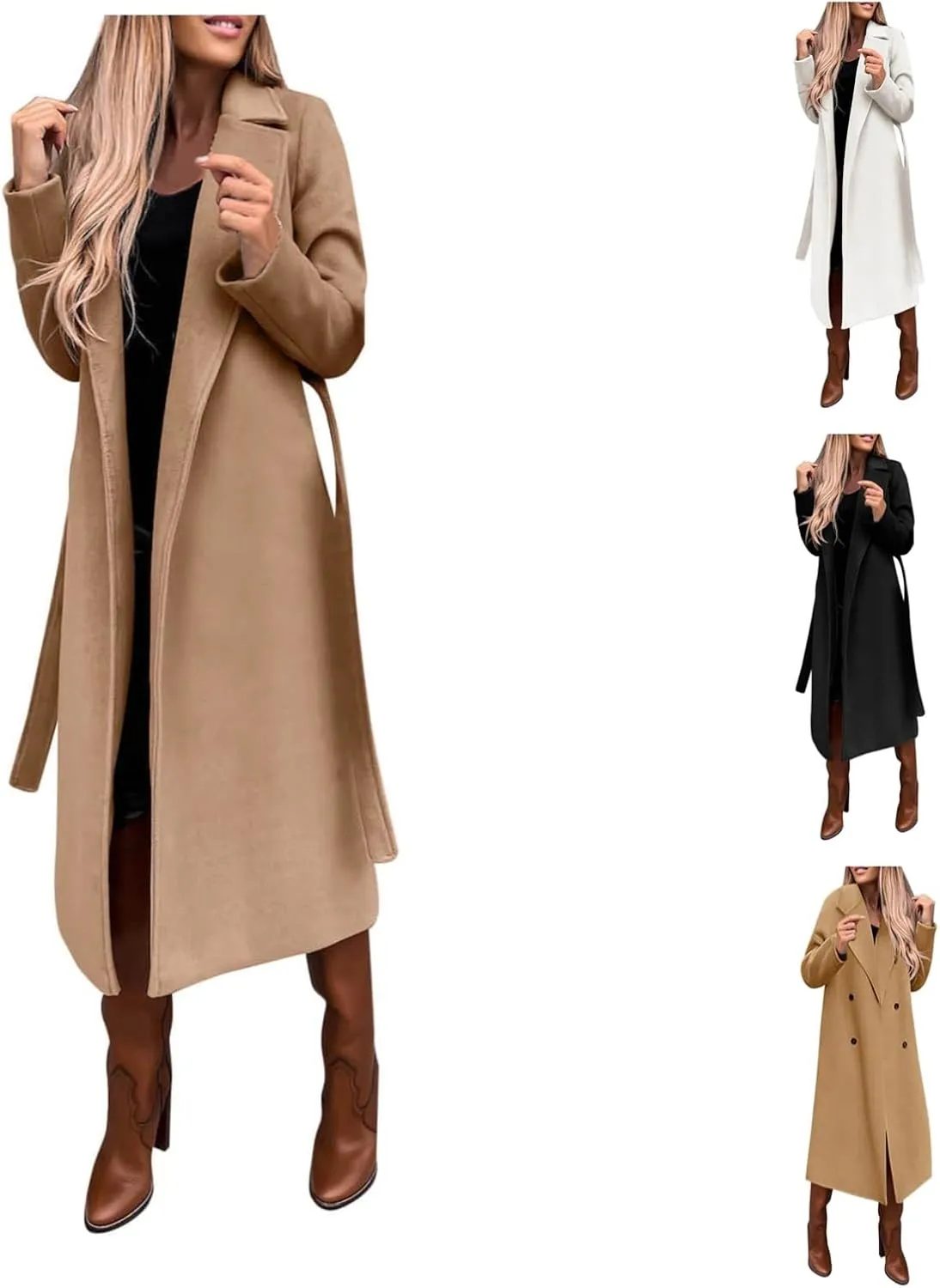 Long Trench Coats For Women Fashion Faux Wool Coat Blouse Thin Solid Jacket Ladies Notch Lapel Overcoat With Belt