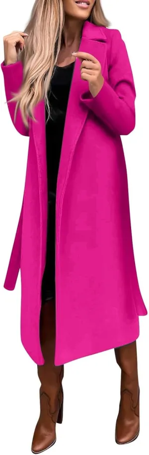 Long Trench Coats For Women Fashion Faux Wool Coat Blouse Thin Solid Jacket Ladies Notch Lapel Overcoat With Belt