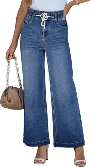 LookbookStore Womens Jeans Wide Leg High Waisted Trendy Elastic Wasit Drawstring Stretch Denim Pants Baggy Trouser Jeans