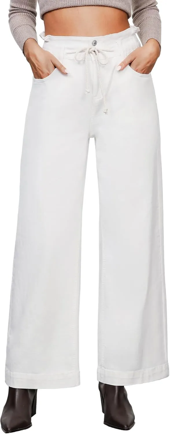 LookbookStore Womens Jeans Wide Leg High Waisted Trendy Elastic Wasit Drawstring Stretch Denim Pants Baggy Trouser Jeans