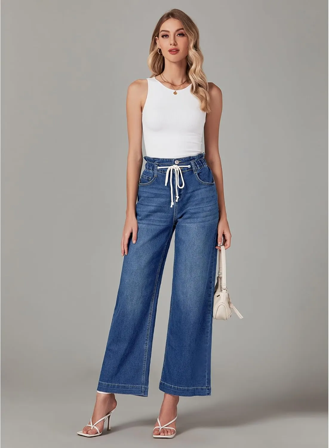 LookbookStore Womens Jeans Wide Leg High Waisted Trendy Elastic Wasit Drawstring Stretch Denim Pants Baggy Trouser Jeans