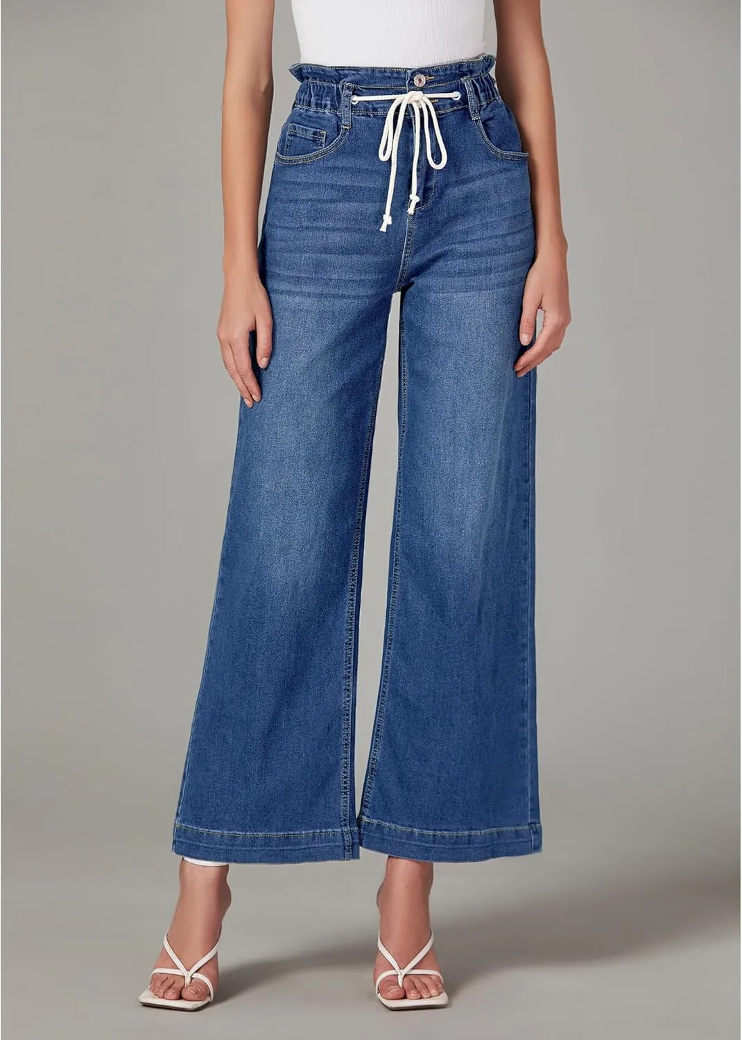 LookbookStore Womens Jeans Wide Leg High Waisted Trendy Elastic Wasit Drawstring Stretch Denim Pants Baggy Trouser Jeans