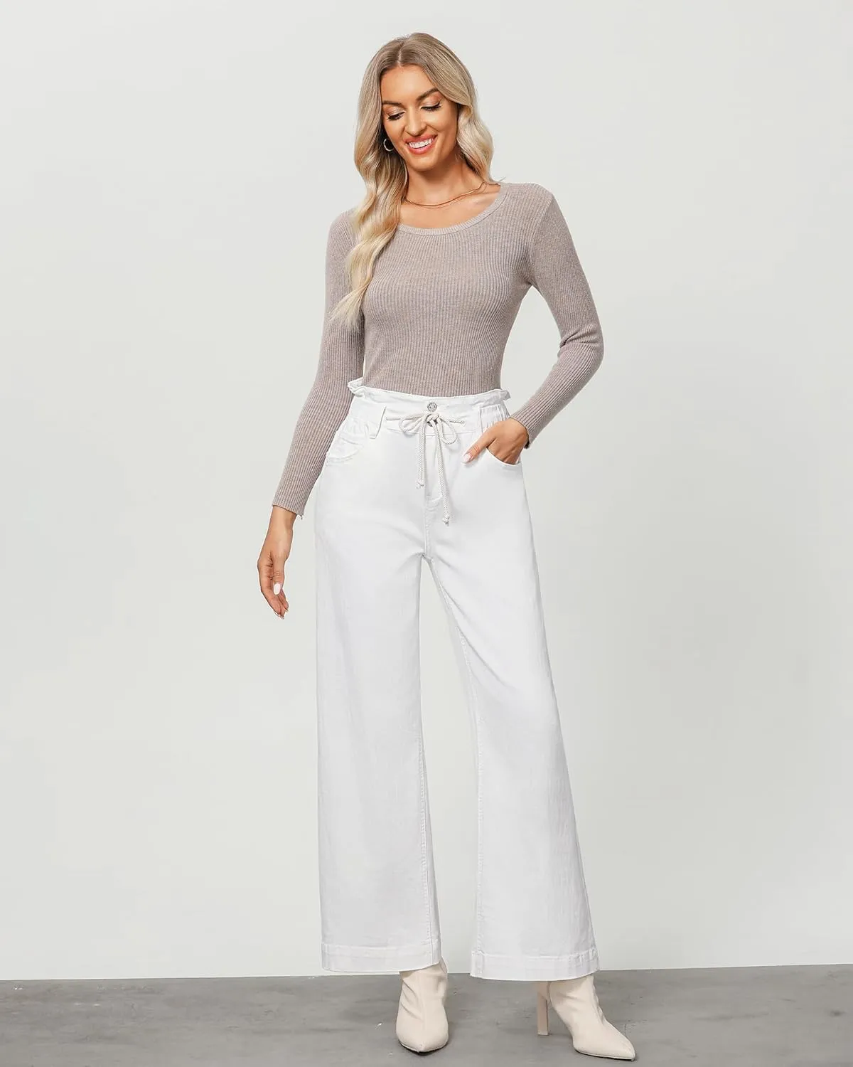 LookbookStore Womens Jeans Wide Leg High Waisted Trendy Elastic Wasit Drawstring Stretch Denim Pants Baggy Trouser Jeans