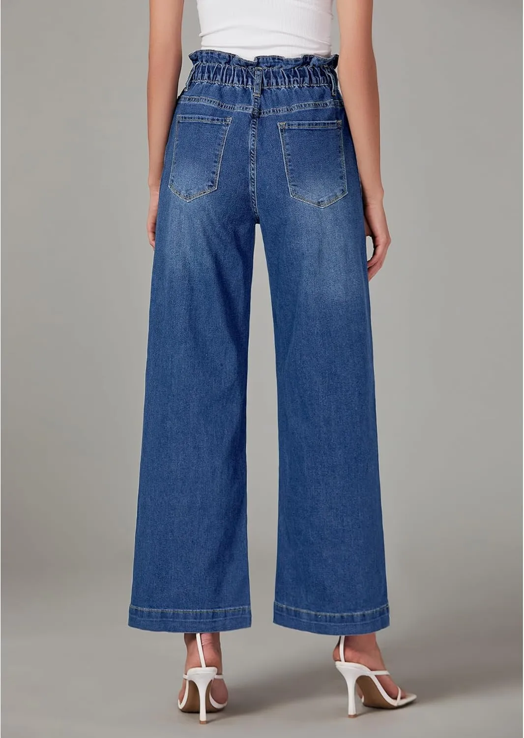 LookbookStore Womens Jeans Wide Leg High Waisted Trendy Elastic Wasit Drawstring Stretch Denim Pants Baggy Trouser Jeans