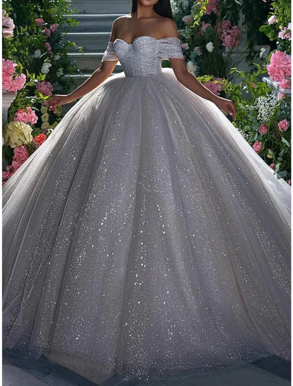 Luolandi Engagement Sparkle & Shine Formal Wedding Dresses Ball Gown Off Shoulder Cap Sleeve Chapel Train Sequined Bridal Gowns Sexy