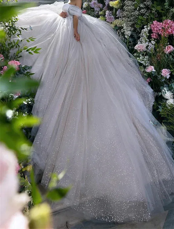 Luolandi Engagement Sparkle & Shine Formal Wedding Dresses Ball Gown Off Shoulder Cap Sleeve Chapel Train Sequined Bridal Gowns Sexy