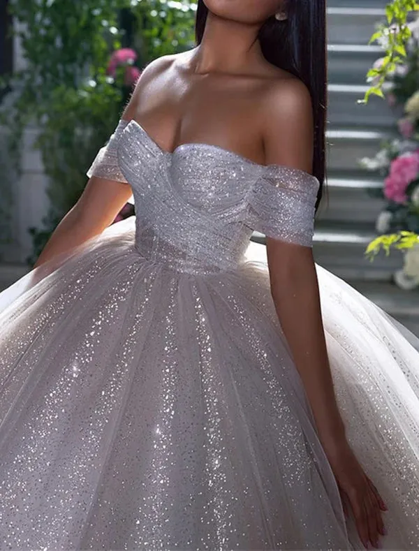 Luolandi Engagement Sparkle & Shine Formal Wedding Dresses Ball Gown Off Shoulder Cap Sleeve Chapel Train Sequined Bridal Gowns Sexy