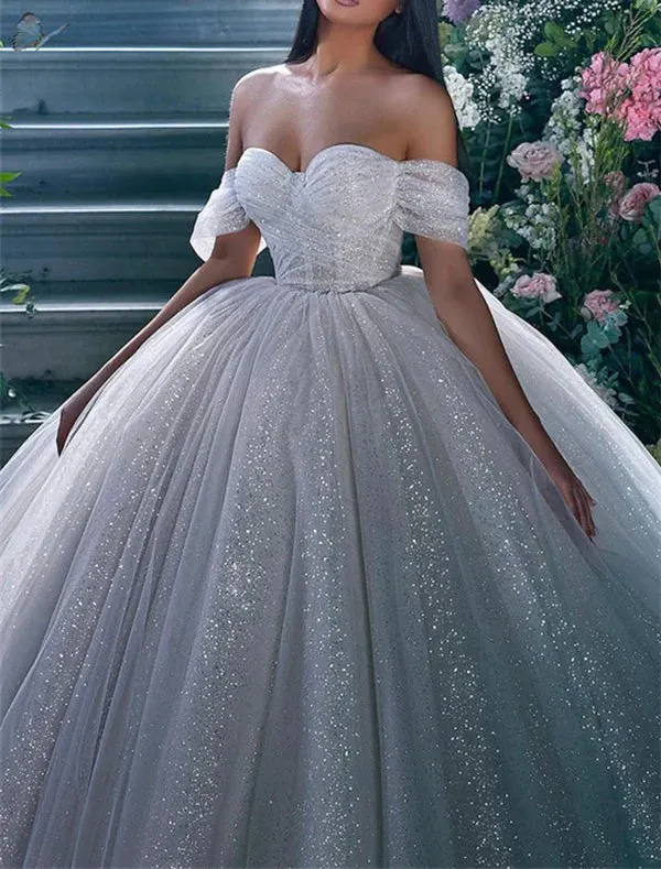 Luolandi Engagement Sparkle & Shine Formal Wedding Dresses Ball Gown Off Shoulder Cap Sleeve Chapel Train Sequined Bridal Gowns Sexy