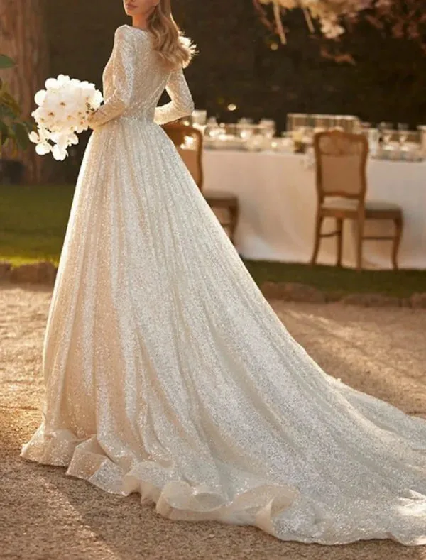 Luolandi Engagement Sparkle & Shine Formal Wedding Dresses Ball Gown Scoop Neck Long Sleeve Chapel Train Sequined Bridal Gowns