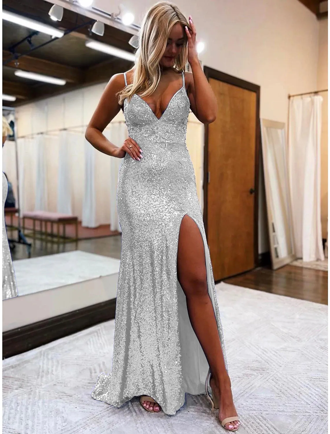 Luolandi Mermaid / Trumpet Prom Dresses Sparkle & Shine Dress Formal Sweep / Brush Train Sleeveless V Neck Sequined Backless with Glitter