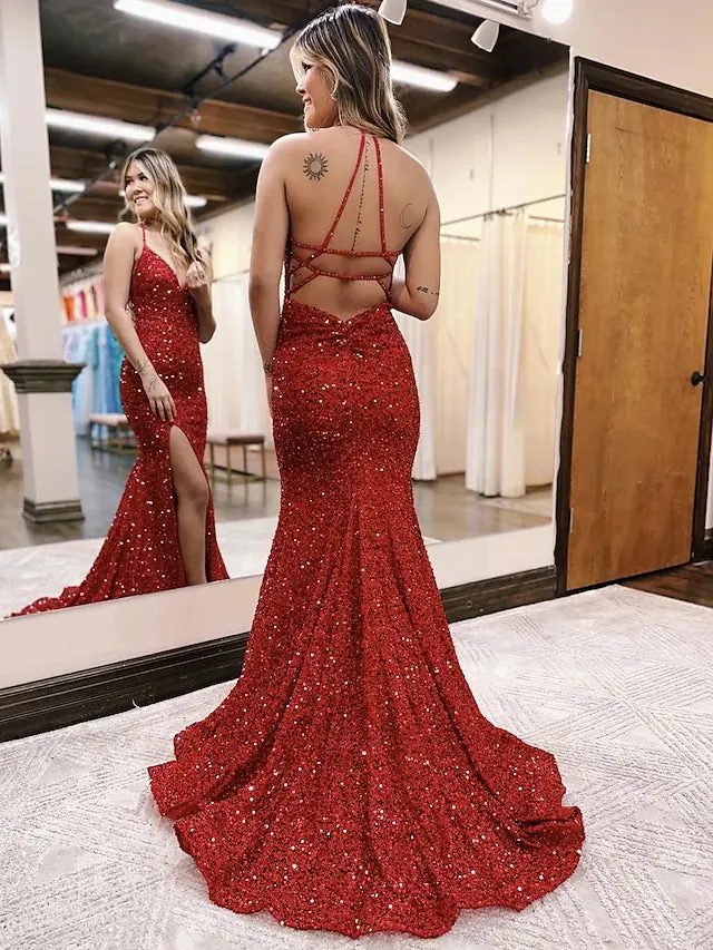 Luolandi Mermaid / Trumpet Prom Dresses Sparkle & Shine Dress Formal Sweep / Brush Train Sleeveless V Neck Sequined Backless