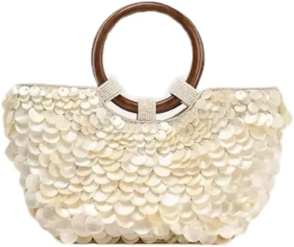 Luxury Handmade Beaded Shell Clutch Purse for Women, Elegant Seashell Evening Bag with Top Handle for Beach Wedding, Party, Vacation - Gold Shell Handbag, Boho Clutch, Summer Purse, Gift for Her