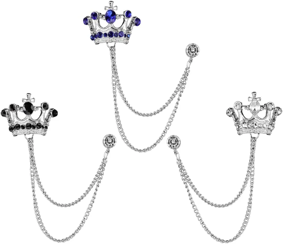 Maigendoo 3pcs Brooches Pin for Men Lapel Pin Shirts Collar Chain Crown Layers Tassel Chain Suit Collar Shirt Studs Lapel Stick Silver Metal Crystal Chain Jewelry Unisex Accessories, Black Blue White