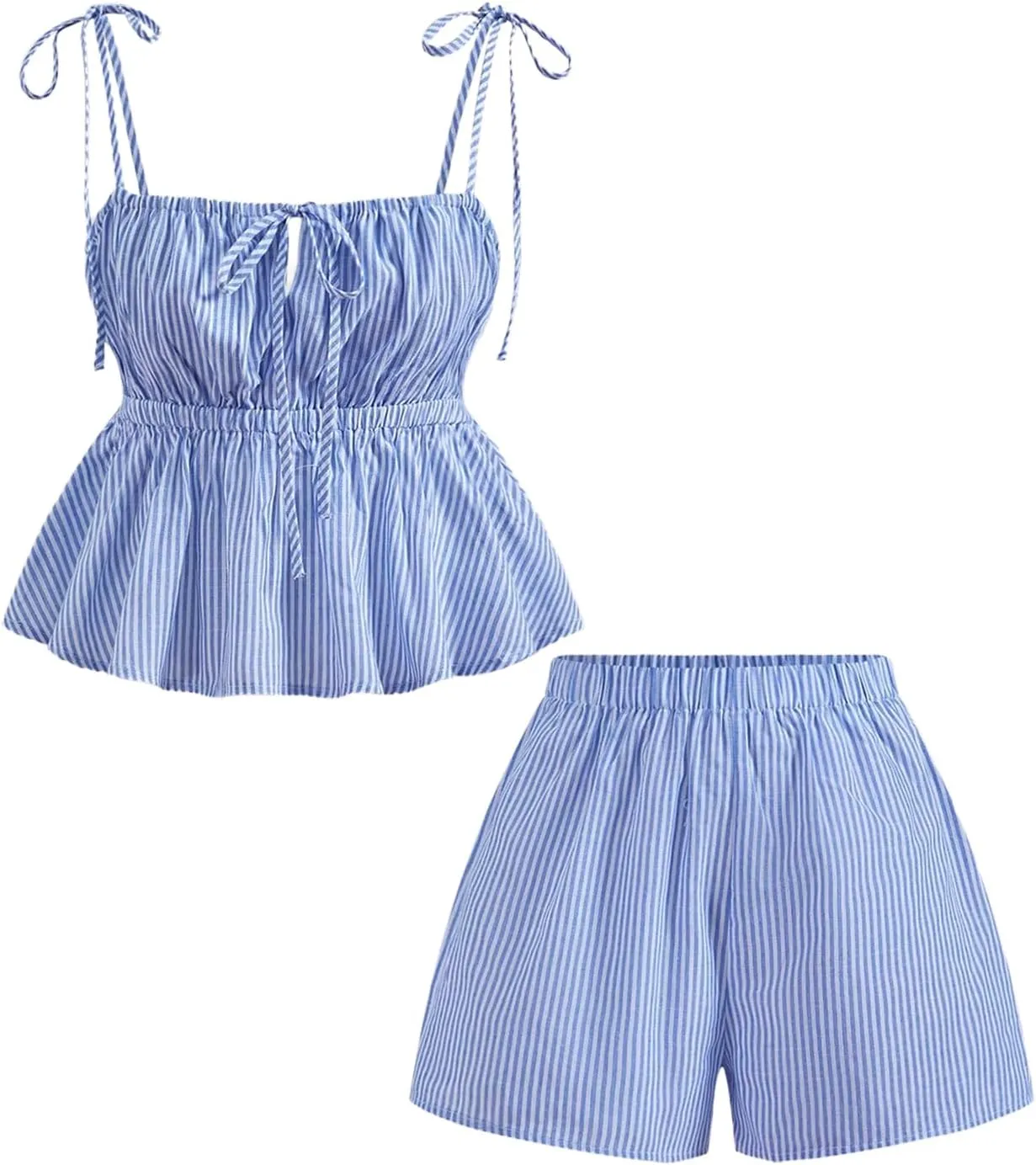 MakeMeChic Women's 2 Piece Outfits Striped Tie Shoulder Peplum Shirred Camisole and Shorts Set