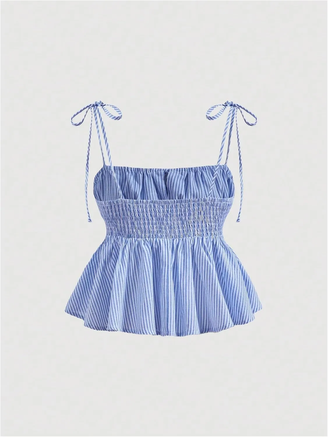 MakeMeChic Women's 2 Piece Outfits Striped Tie Shoulder Peplum Shirred Camisole and Shorts Set