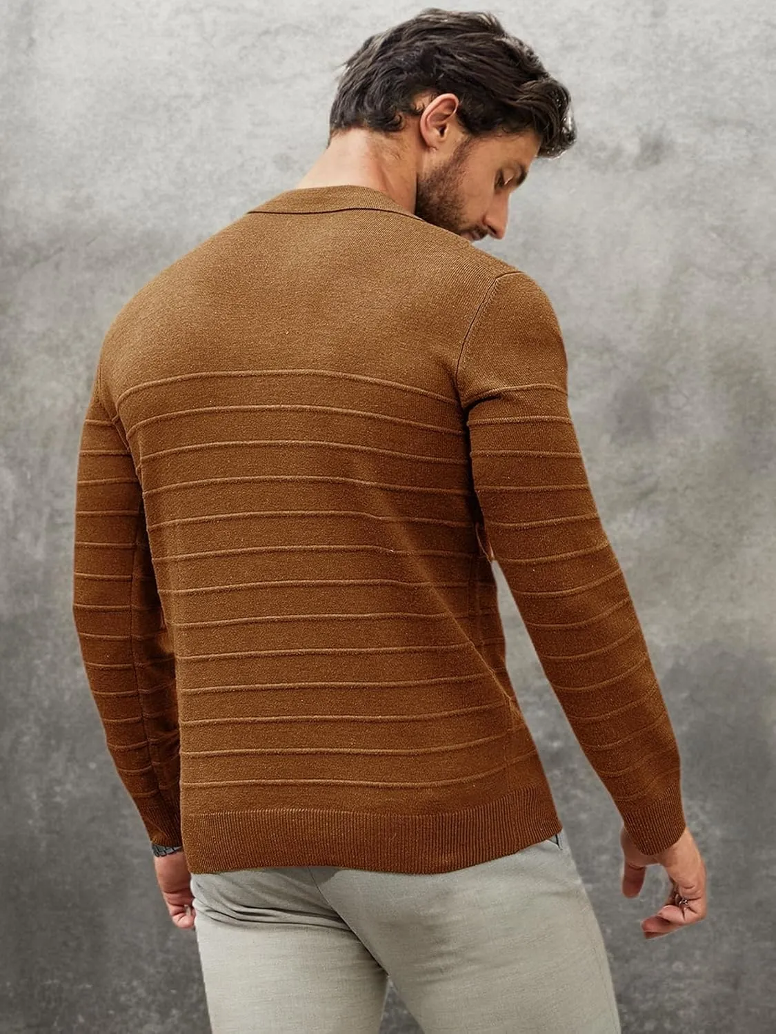 Makkrom Mens Polo Shirts Long Sleeve Striped Pullover Casual Slim Fit Solid Knit Sweater Classic Golf Shirt