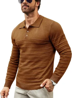 Makkrom Mens Polo Shirts Long Sleeve Striped Pullover Casual Slim Fit Solid Knit Sweater Classic Golf Shirt