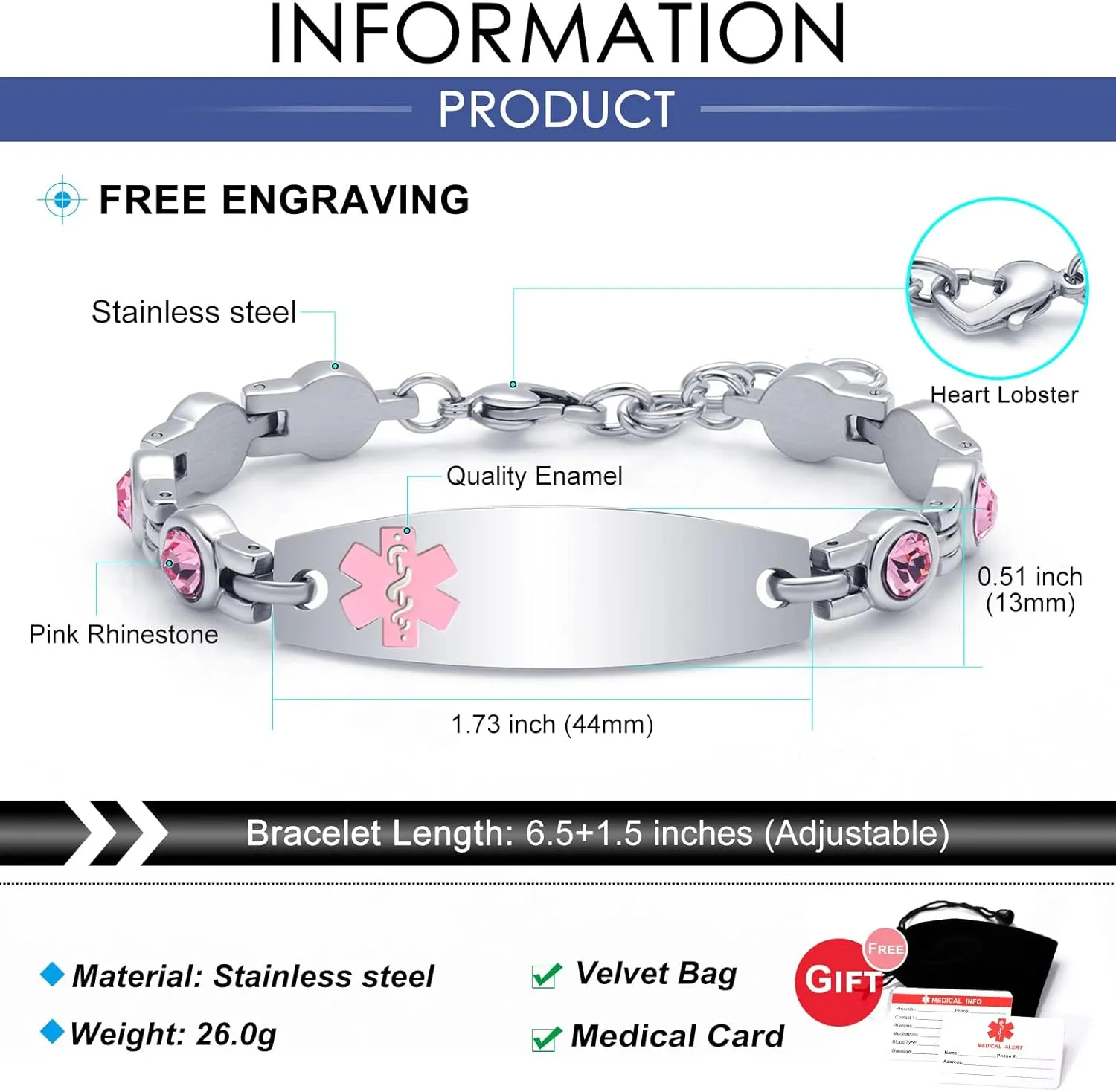 Medical Alert Bracelets, Personalized Customizable ID Bracelets for Women & Men, Includes Emergency Medical Card