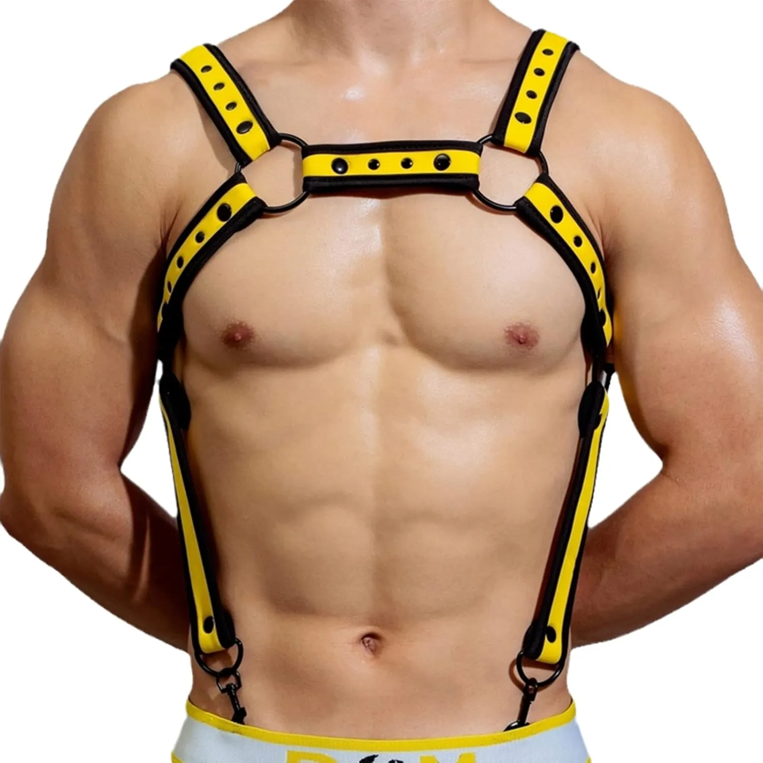 Men Leather Chest Body Harness Belt with Contrast Color Trim,Strap Buckle Ring Adjustable Awesome with Underwear (M, Yellow)