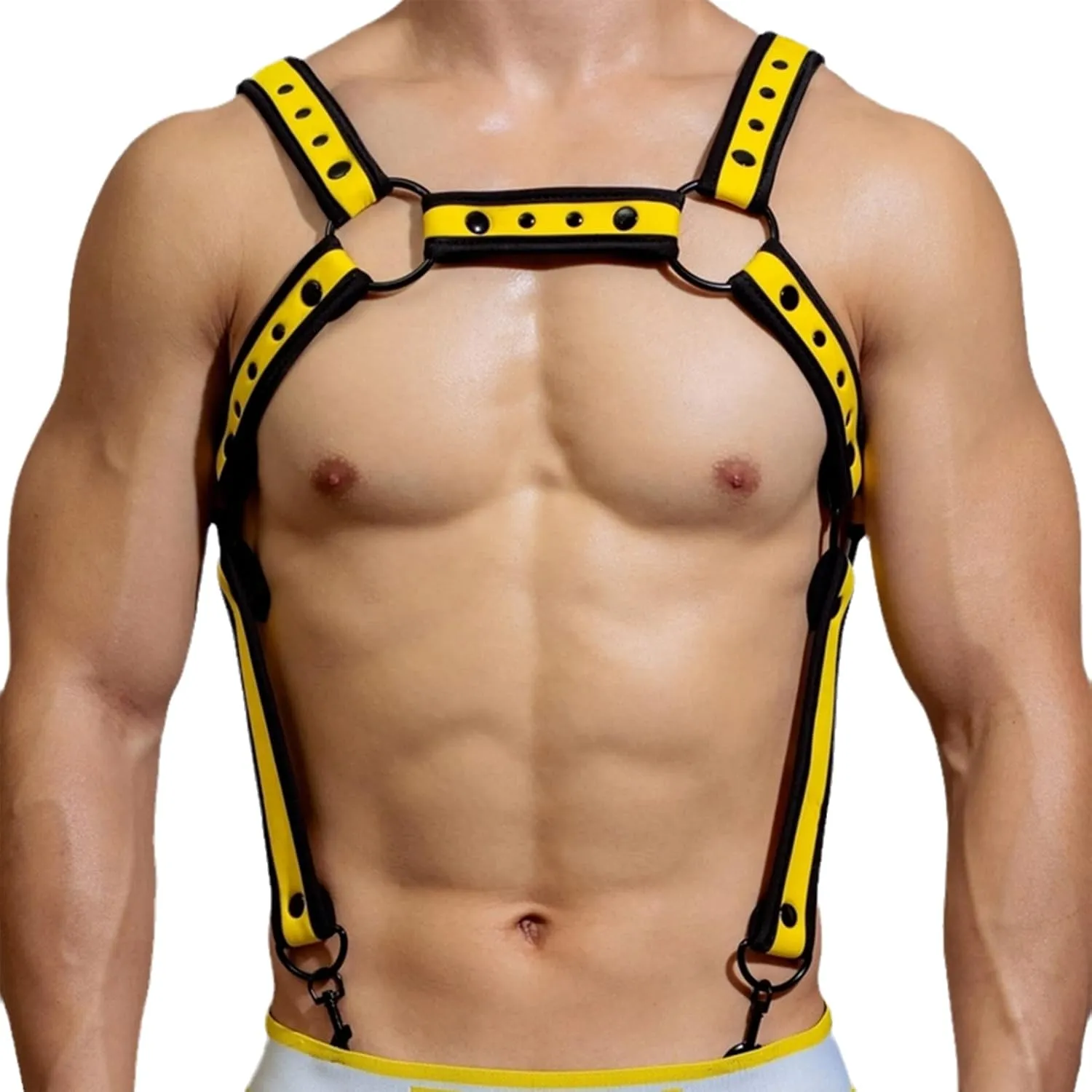 Men Leather Chest Body Harness Belt with Contrast Color Trim,Strap Buckle Ring Adjustable Awesome with Underwear (M, Yellow)