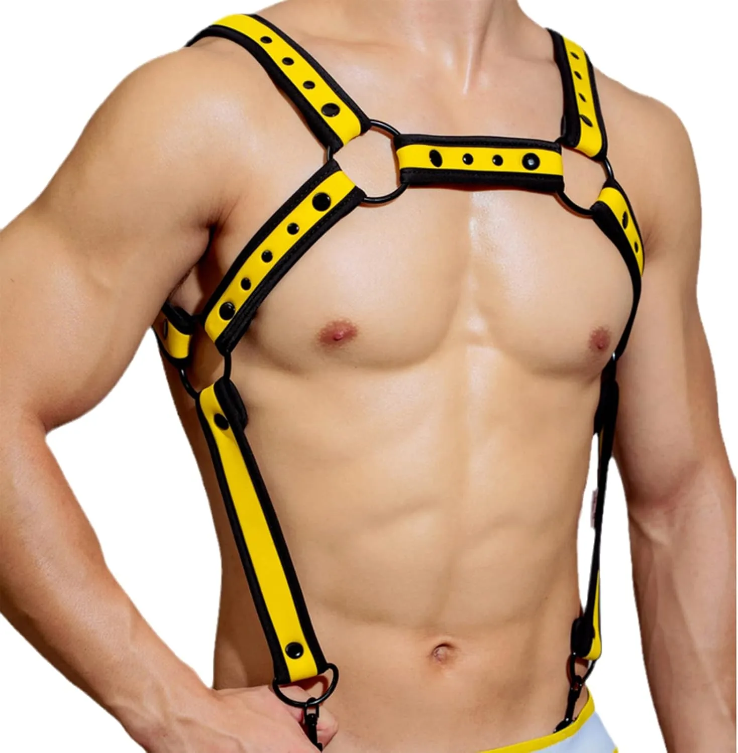 Men Leather Chest Body Harness Belt with Contrast Color Trim,Strap Buckle Ring Adjustable Awesome with Underwear (M, Yellow)