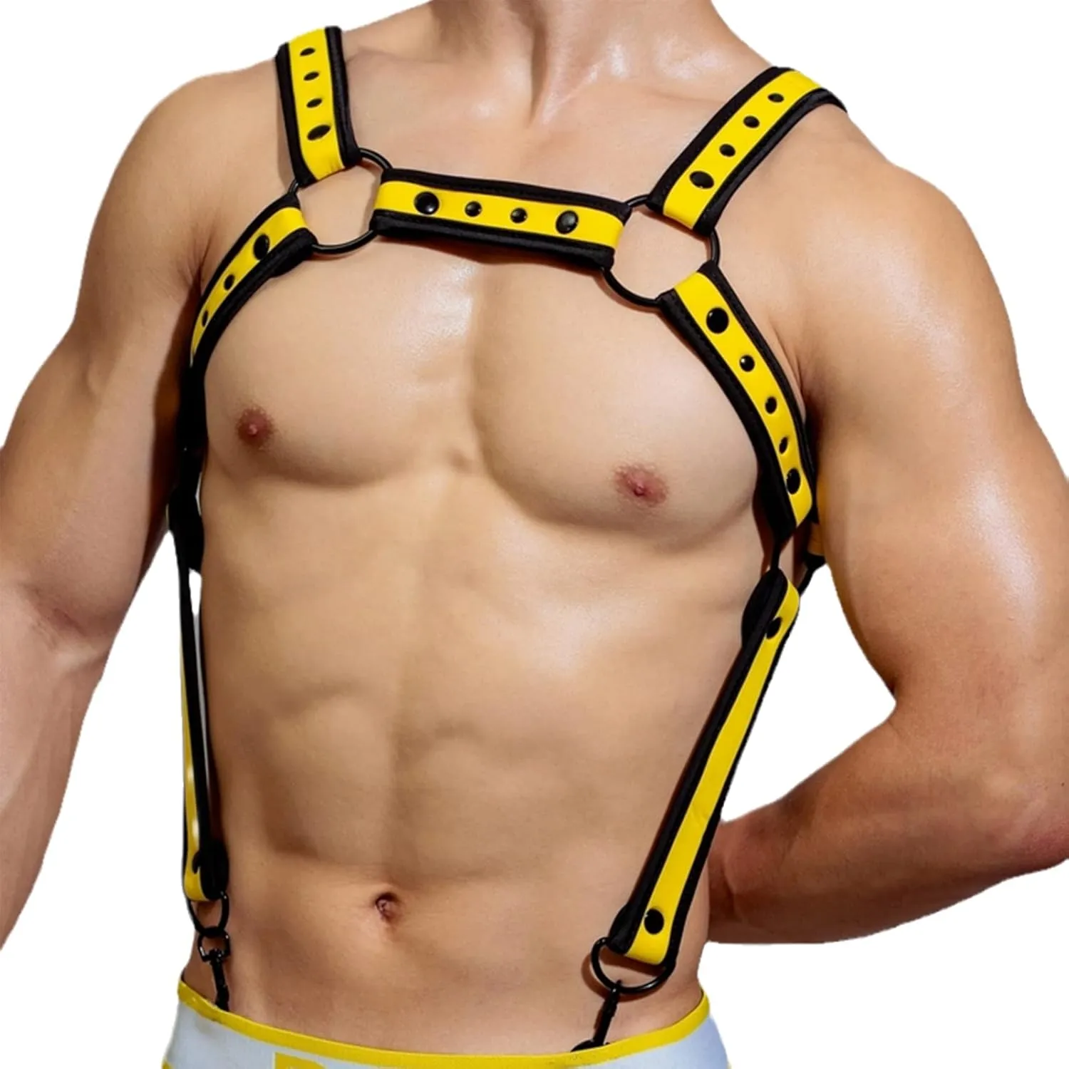 Men Leather Chest Body Harness Belt with Contrast Color Trim,Strap Buckle Ring Adjustable Awesome with Underwear (M, Yellow)