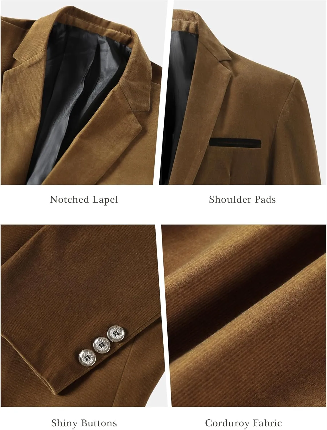 Mens Casual Corduroy Blazer Sport Coat Slim Fit One Button Notch Lapel Suit Jacket for Daily Wear, Work, Wedding & Party