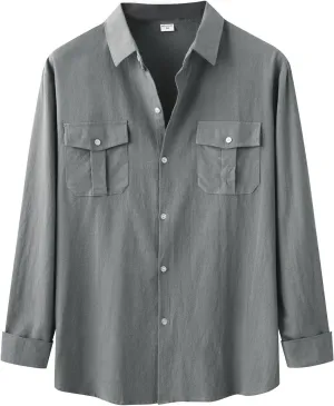 Men's Classic Linen Shirts Casual Button Down Long Sleeve Beach Wedding Vacation Summer Textured Shirt with Pocket