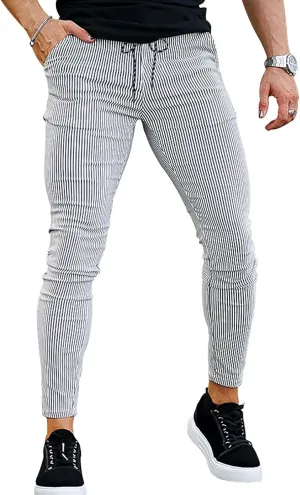 Mens Classic Striped Dress Pants Slim Fit Stretch Flat-Front Casual Golf Pencil Chinos Pants Work Business Suit Pant