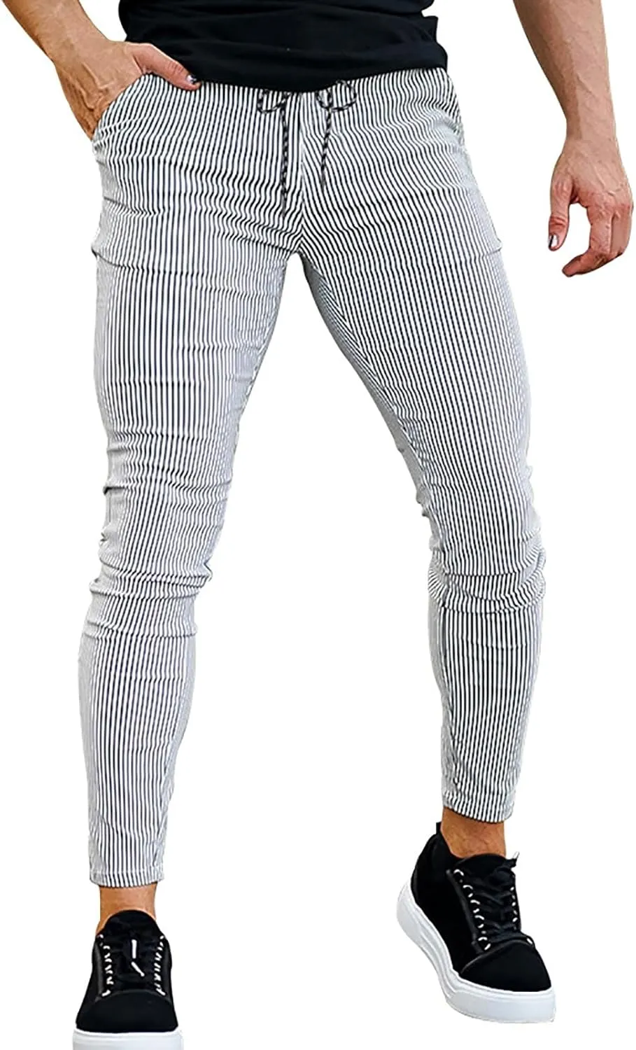 Mens Classic Striped Dress Pants Slim Fit Stretch Flat-Front Casual Golf Pencil Chinos Pants Work Business Suit Pant