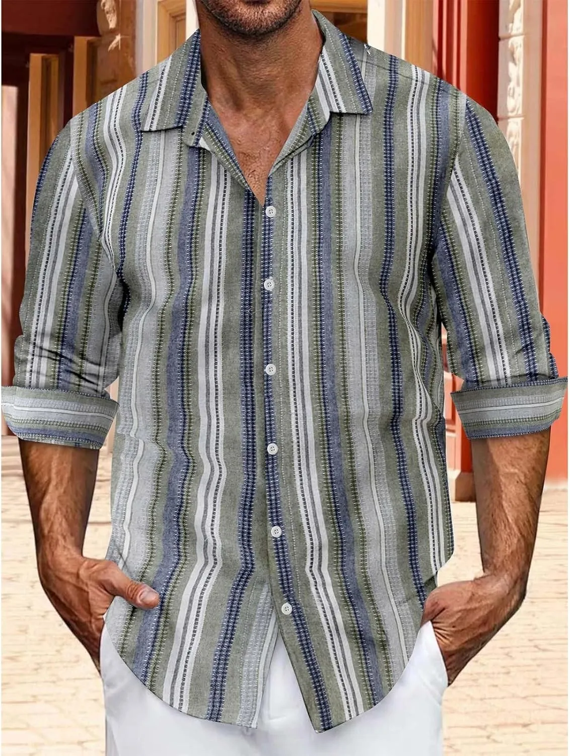 Men's Classic Style Casual Long Sleeve Button Down Turndown Collared Shirt Vintage Stripe Printed Lightweight Tops