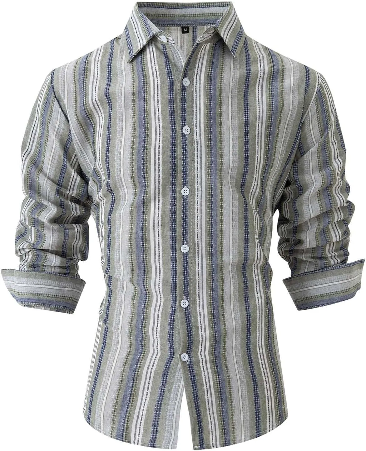 Men's Classic Style Casual Long Sleeve Button Down Turndown Collared Shirt Vintage Stripe Printed Lightweight Tops