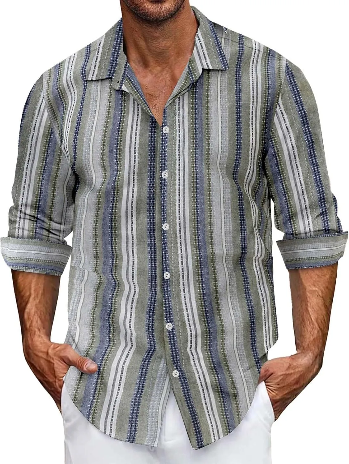 Men's Classic Style Casual Long Sleeve Button Down Turndown Collared Shirt Vintage Stripe Printed Lightweight Tops