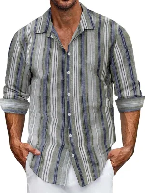 Men's Classic Style Casual Long Sleeve Button Down Turndown Collared Shirt Vintage Stripe Printed Lightweight Tops