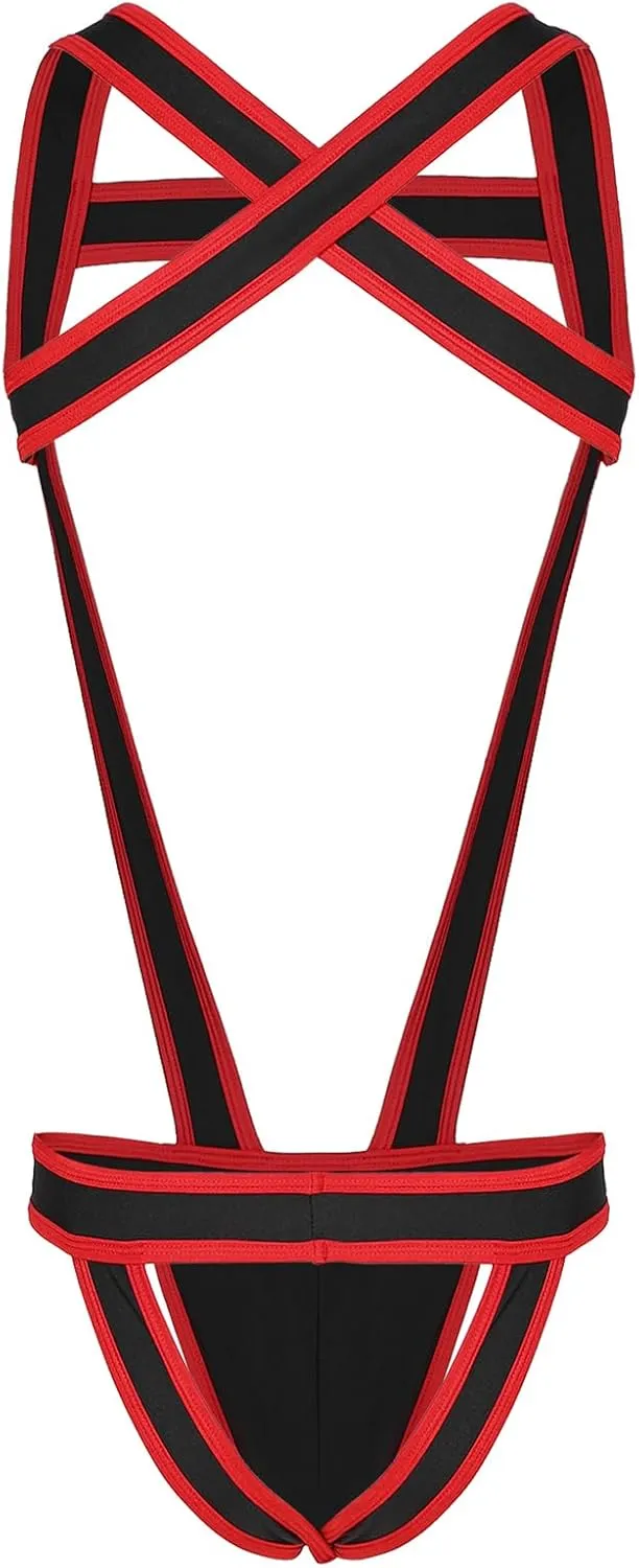 Men's Contrast Color Trim Chest Harness Wrestling Singlet Bulge Pouch Jockstrap Bodysuits