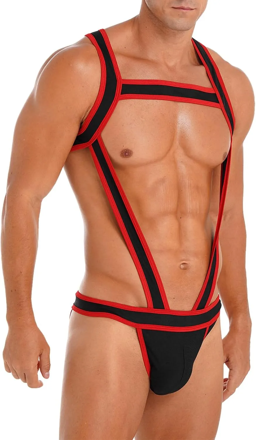Men's Contrast Color Trim Chest Harness Wrestling Singlet Bulge Pouch Jockstrap Bodysuits